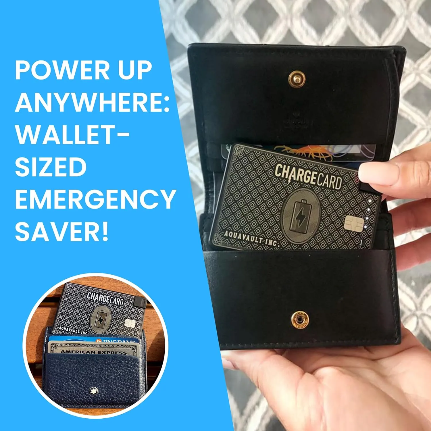 AquaVault | Wireless Slim Powerbank | 2300 mAH and 1.5A Fast Charge | Fits in Wallet | Lightning, USB-C, Micro-USB Charger | Works on iPhone 16/15/14/13/12 | Works on All Phones - (Black)