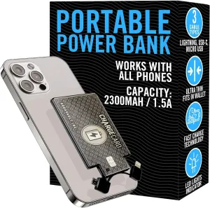 AquaVault | Wireless Slim Powerbank | 2300 mAH and 1.5A Fast Charge | Fits in Wallet | Lightning, USB-C, Micro-USB Charger | Works on iPhone 16/15/14/13/12 | Works on All Phones - (Black)
