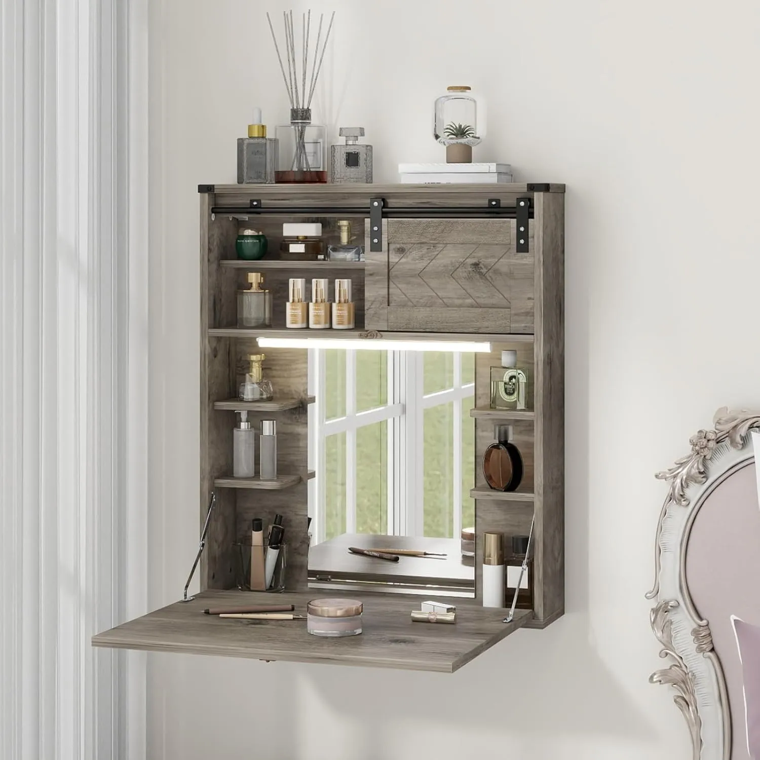 ARTETHYS Floating Vanity Desk with Mirror and Lights Small Wall Mounted Makeup Set with Storage Gray Farmhouse Dressing Table for Tiny Space