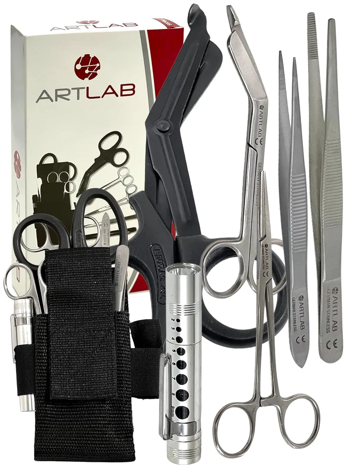 Artlab - EMT and First Responder Tool Kit Set of 6 :Adjustable Nylon Belt Pouch, Premium First Aid Gear: EMT Shears, 7.25" Bandage Scissors, 5.5" Forceps, 5.5" 4.5",Hemostat 5.5",Pen Light