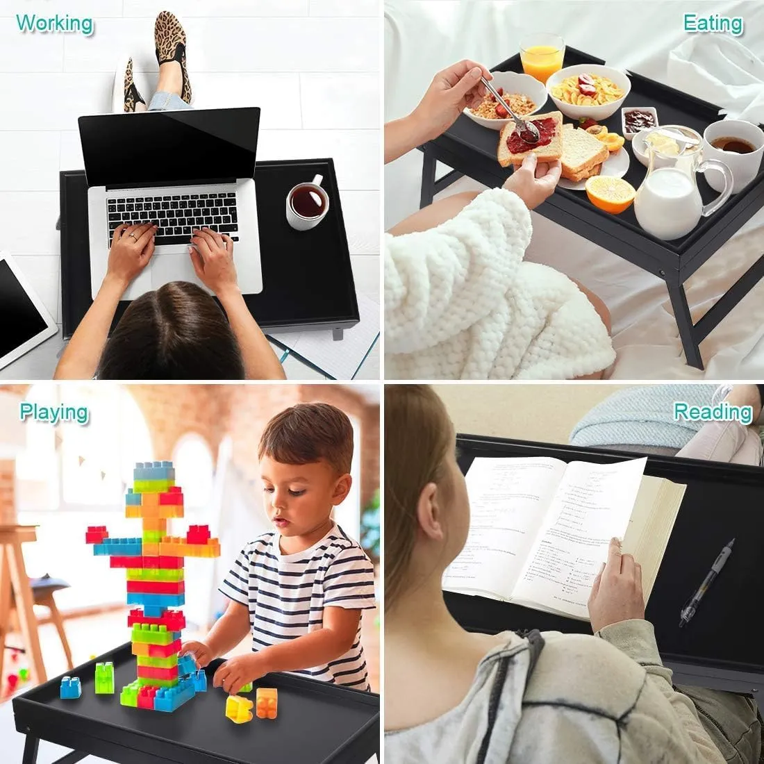 Artmeer Bed Tray Table Breakfast Food Tray with Folding Legs Kitchen Serving Tray for Lap Desks Notebook Computer Bed Platters TV Snack Tray, Adjustable (Black)