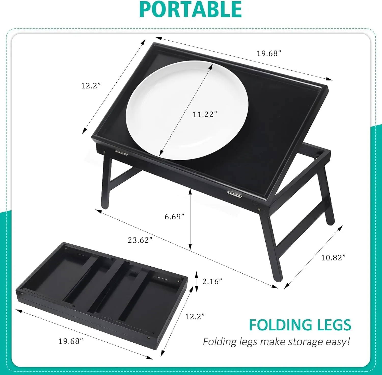 Artmeer Bed Tray Table Breakfast Food Tray with Folding Legs Kitchen Serving Tray for Lap Desks Notebook Computer Bed Platters TV Snack Tray, Adjustable (Black)