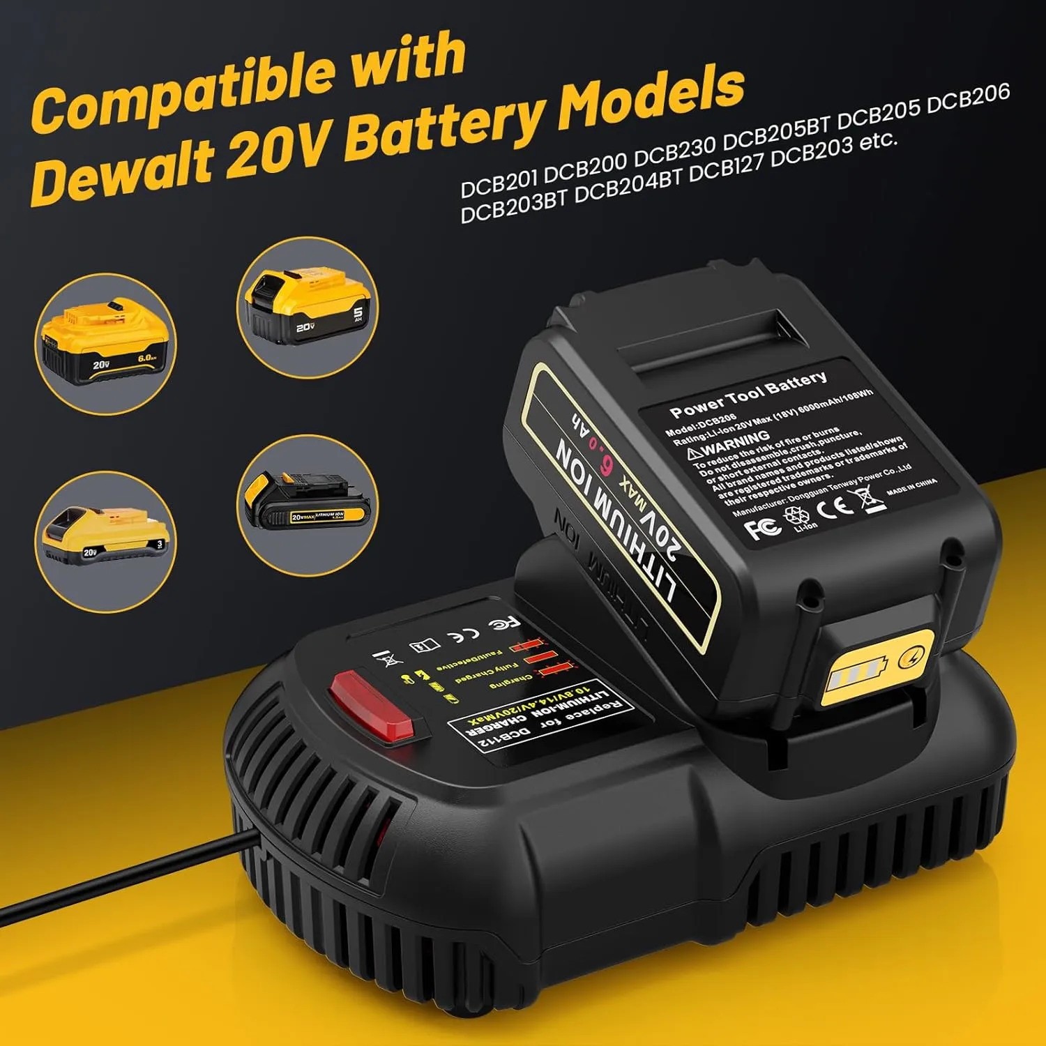 ARyee 6.0Ah 20V Battery 2Pack Replacement for dewalt 20v max Battery DCB205 DCB200 DCB206 DCB206-2 DCB204 DCD/DCF/DCG/DCS Series with Battery Charger