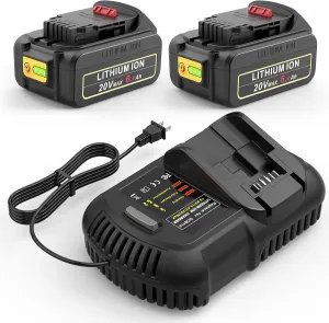 ARyee 6.0Ah 20V Battery 2Pack Replacement for dewalt 20v max Battery DCB205 DCB200 DCB206 DCB206-2 DCB204 DCD/DCF/DCG/DCS Series with Battery Charger