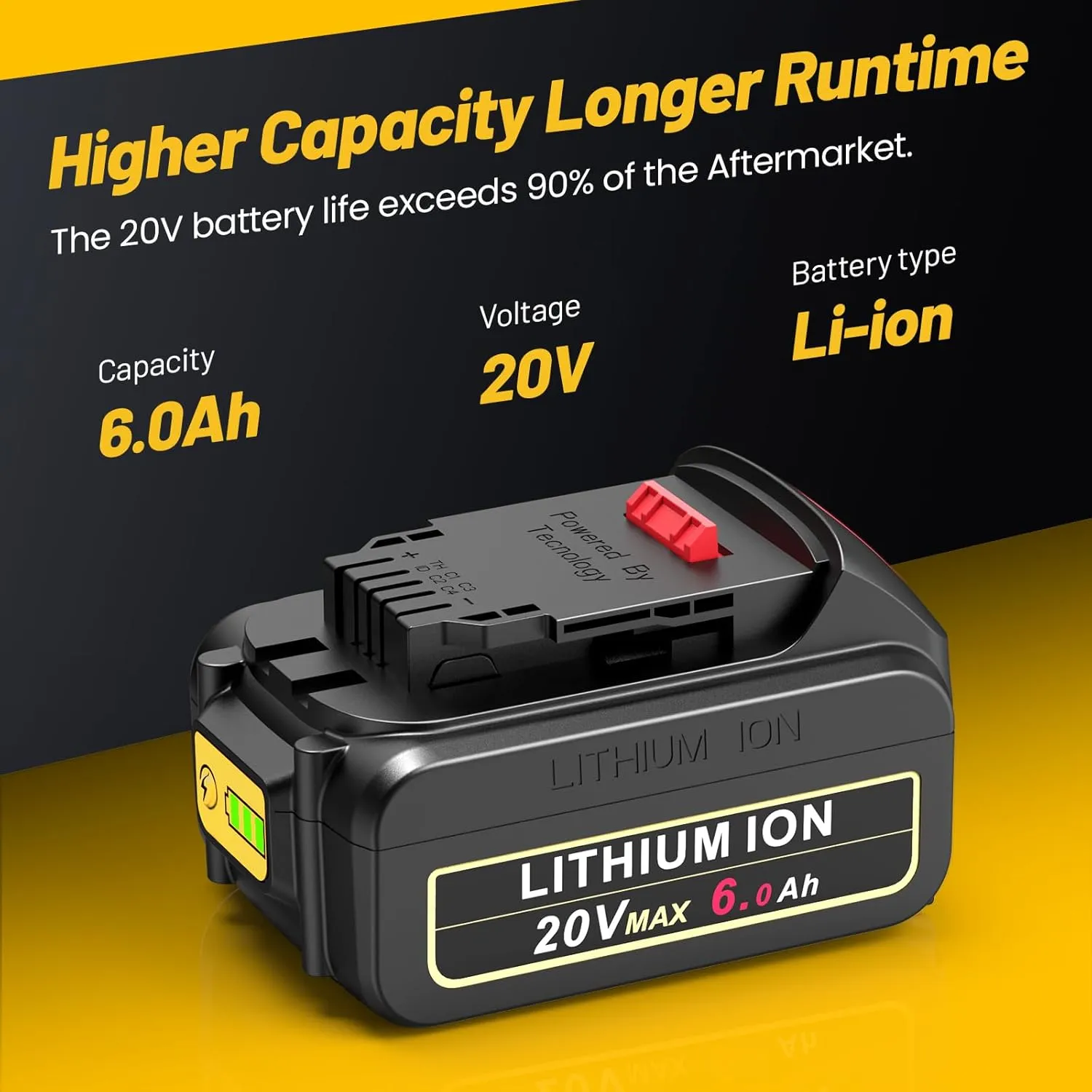 ARyee 6.0Ah 20V Battery 2Pack Replacement for dewalt 20v max Battery DCB205 DCB200 DCB206 DCB206-2 DCB204 DCD/DCF/DCG/DCS Series with Battery Charger