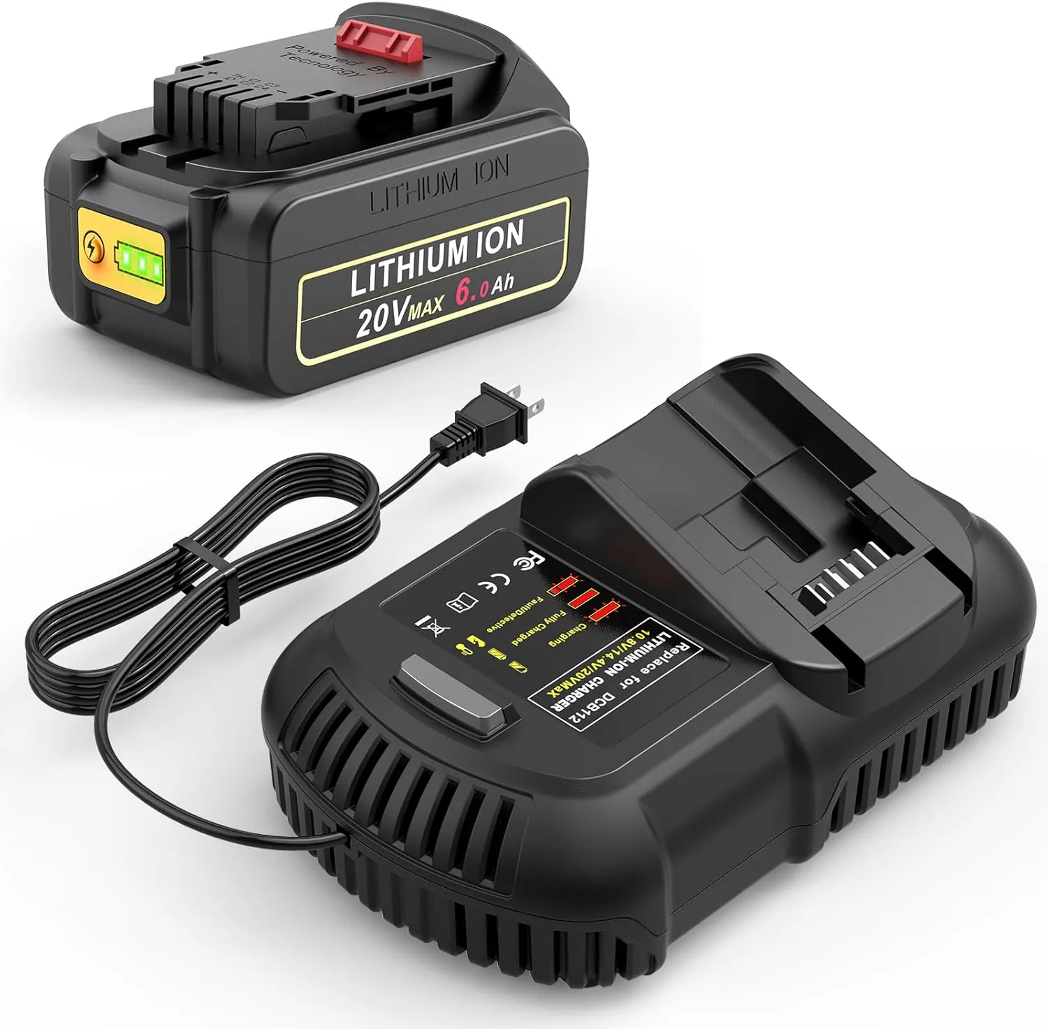 ARyee 6.0Ah 20V Battery Replacement for dewalt 20v max Battery DCB205 DCB200 DCB206 DCB206-2 DCB204 DCD/DCF/DCG/DCS Series with Battery Charger