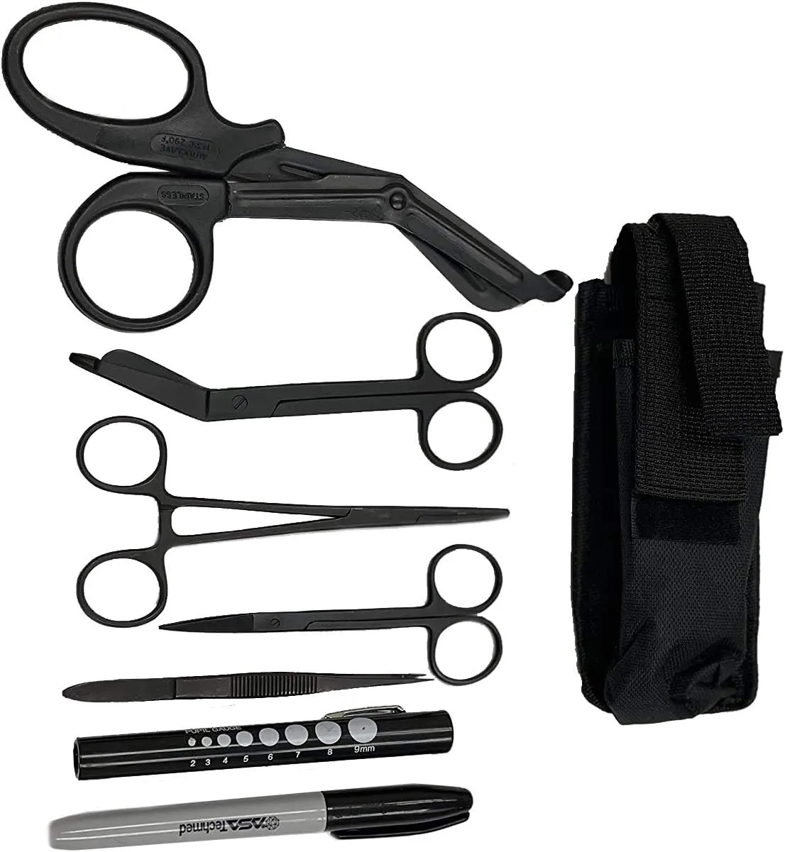 ASA Techmed EMT and First Responder Medical Tool Kit: Adjustable Nylon Belt Pouch, Premium First Aid Gear: EMT Shears, 7.25" Bandage Scissors, 5.75" Forceps, 6" Hemostat,Pupil Light, and More