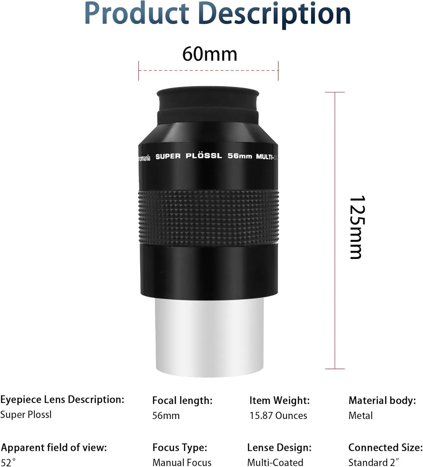 Astromania Super Plossl Eyepiece 2 Inch, Telescope Eyepiece 56mm Fully Multi-Coated Optics, 52 Degree Wide Field 4-Element Design, High Eye Relief for Astronomy Telescope Included 2 Inch Filter Thread