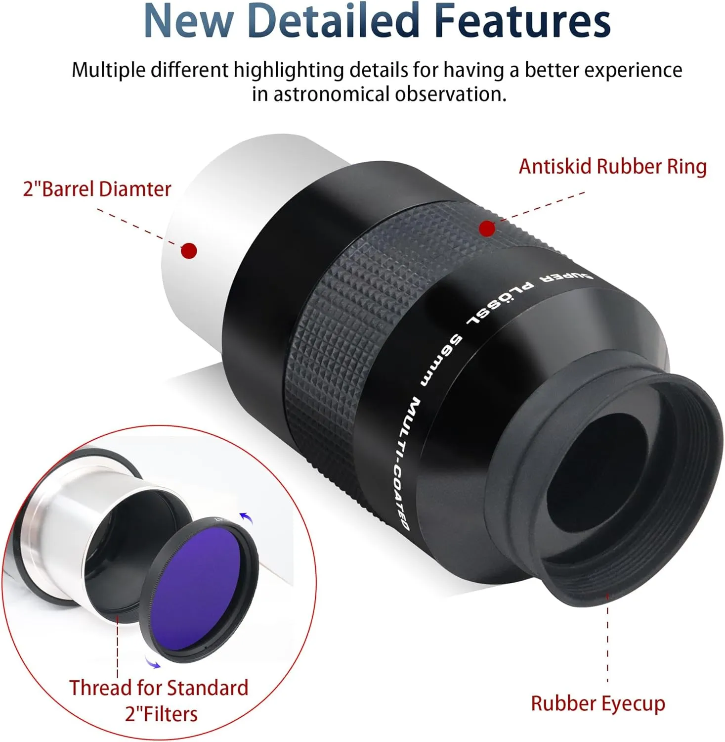 Astromania Super Plossl Eyepiece 2 Inch, Telescope Eyepiece 56mm Fully Multi-Coated Optics, 52 Degree Wide Field 4-Element Design, High Eye Relief for Astronomy Telescope Included 2 Inch Filter Thread