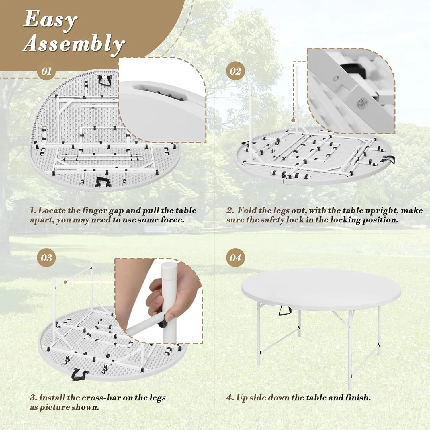 Athena Collection 5ft Folding Table, Portable Plastic Round Table Foldable Card Desk, Indoor Outdoor Collapsible Craft Desk Dining with Lock & Handle for Commercial Party Camping, White Legs
