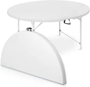 Athena Collection 5ft Folding Table, Portable Plastic Round Table Foldable Card Desk, Indoor Outdoor Collapsible Craft Desk Dining with Lock & Handle for Commercial Party Camping, White Legs