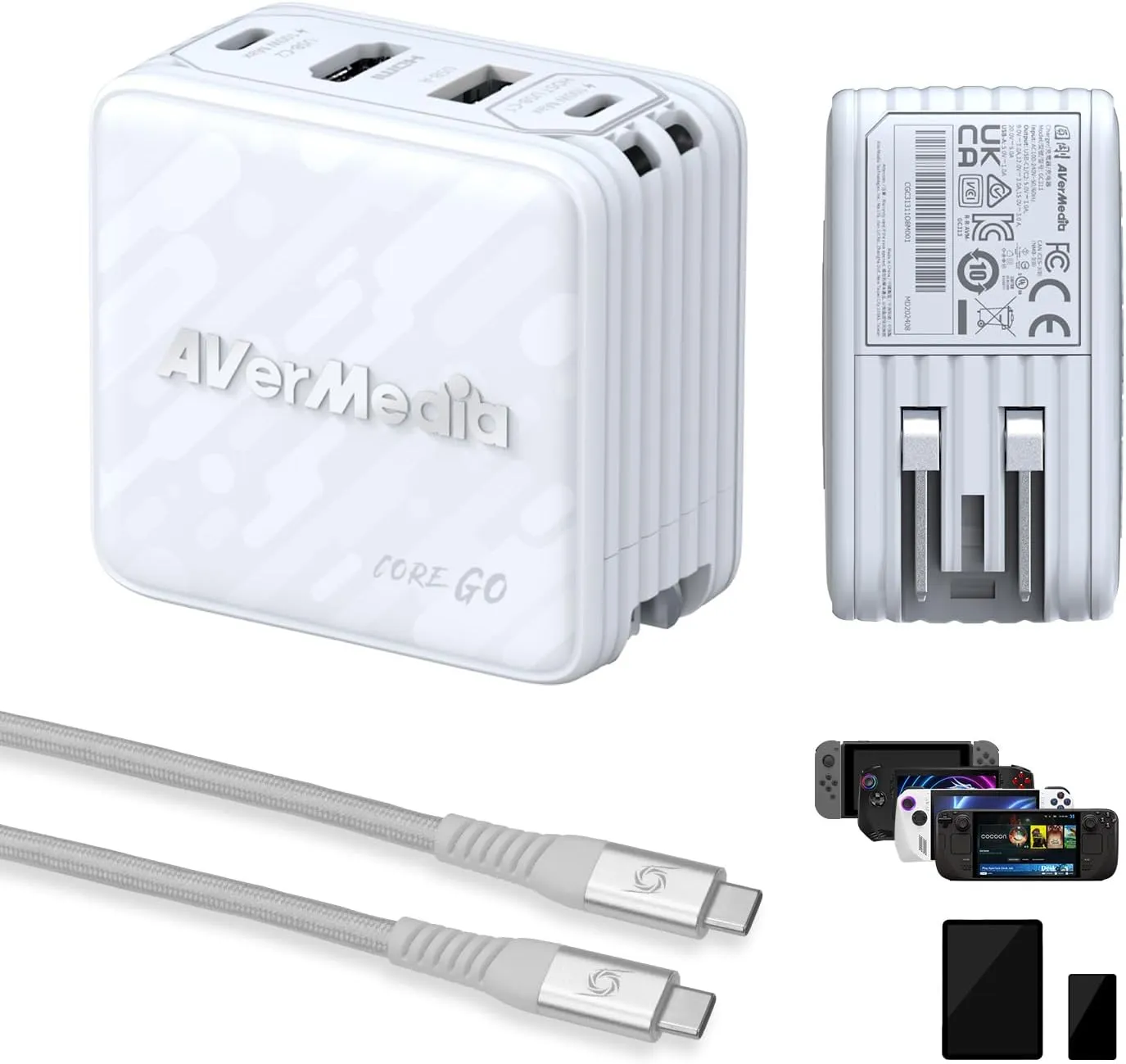 AVerMedia Portable Charger for Nintendo Switch/Steam Deck, 100W GaN Fast-Charging USB-C Hub & TV Dock with 4K60 HDMI, Compatible with iPhone, iPad, Laptop, PC, Gaming Accessories (Core Go - White)