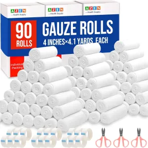 AZEN 90 Pack Gauze Rolls Bandages, 4 in x 4.1 Yards, Premium Medical Supplies & First Aid Supplies, Bandage Wrap Vet Wrap, Mummy Wraps (3 Boxes x 30 Rolls)