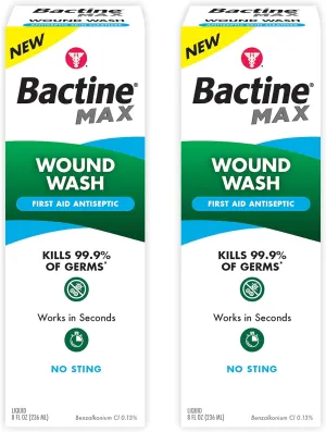 Bactine MAX First Aid Wound Wash - Antiseptic Liquid Kills 99.9% of Germs - Infection Protection for Minor Cuts, Scrapes, and Burns - First Aid Solution - 8fl oz, 2 Pack
