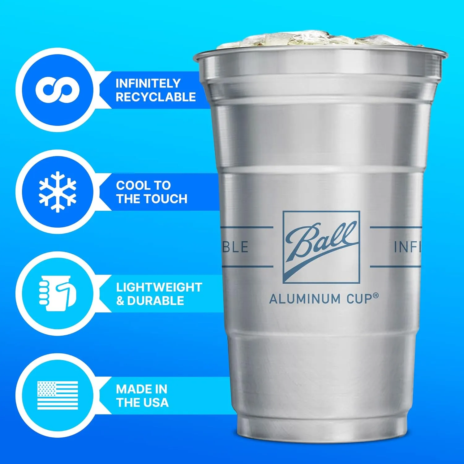 Ball Aluminum Cup Recyclable Party Cups, Wholesale Bulk Pack, Ball Logo, 9oz Cup, 645 Cups Per Pack