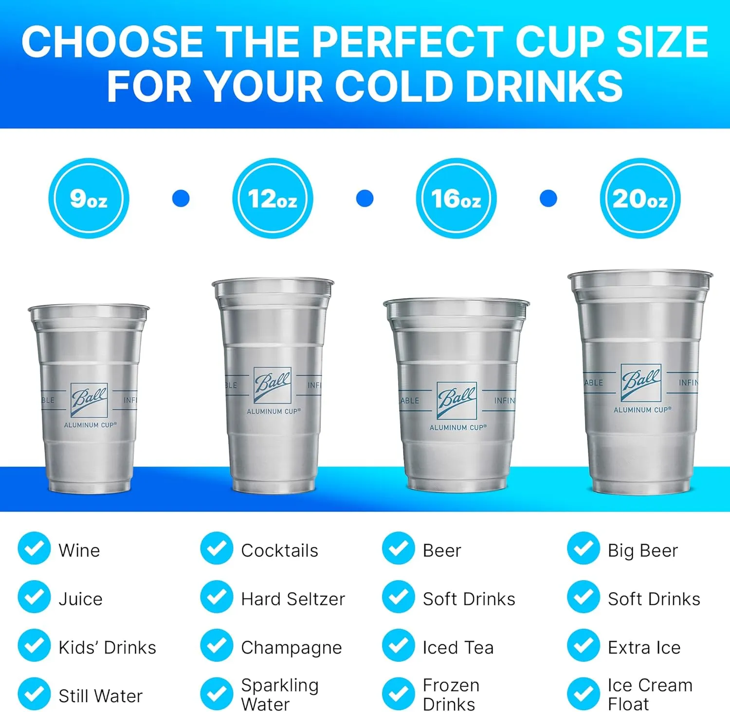 Ball Aluminum Cup Recyclable Party Cups, Wholesale Bulk Pack, Ball Logo, 9oz Cup, 645 Cups Per Pack