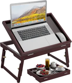 Bamboo Adjustable & Foldable Bed Tray Table with Ergonomic Handle, 17x12in Breakfast Tray for Eating, Laptop Desk, Sofa Snacking, Non-Slip Surface (Mahogany)