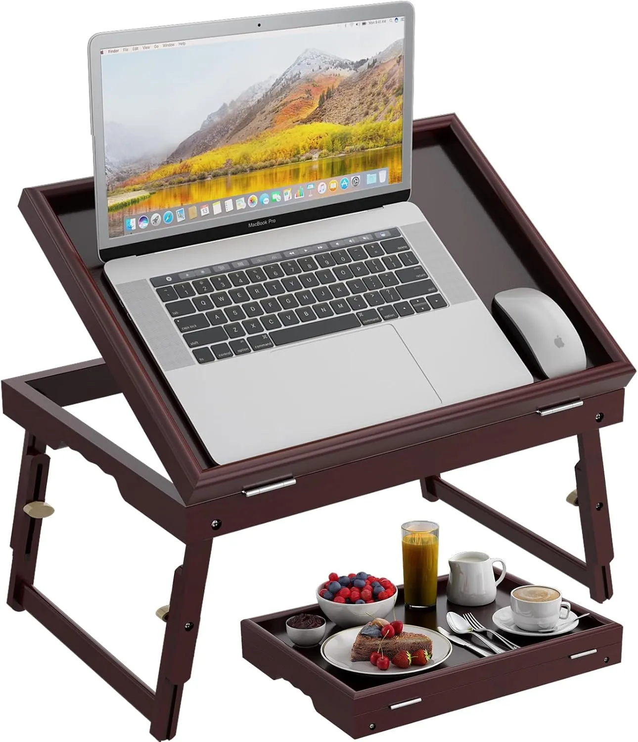 Bamboo Adjustable & Foldable Bed Tray Table with Ergonomic Handle, 17x12in Breakfast Tray for Eating, Laptop Desk, Sofa Snacking, Non-Slip Surface (Mahogany)