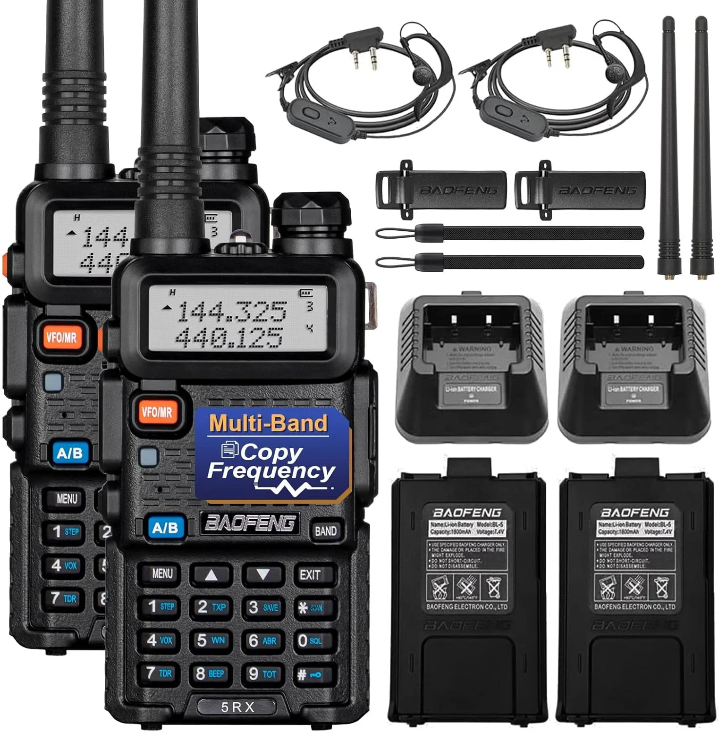 Baofeng 5RX Ham Radio (Upgraded of UV-5R) Multi-Band Receiving Two Way Radio,VHF,1.25M,UHF,AM/FM Reception,DTMF VOX SCAN,Walkie Talkies with Earpiece (2Pack)