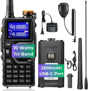 BAOFENG K5PLUS Tri-Band Ham Radio Long Range, UHF VHF 1.25M Handheld 10W Tri-Power Two Way Radio with Airband, NOAA, 2500mAh Battery, Speaker Mic, 999CH, Frequency Copy, Scramble