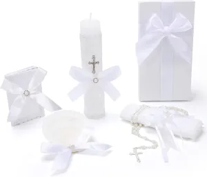 Baptism Candle Set for Boys and Girls,White 5 PCS Baptism Kit Catholic Candle,Baptismal Towel,Shell,Rosary,Bible for Baptismal Christening First Communion Gift,Velas para Bautizo De Niño o Niña