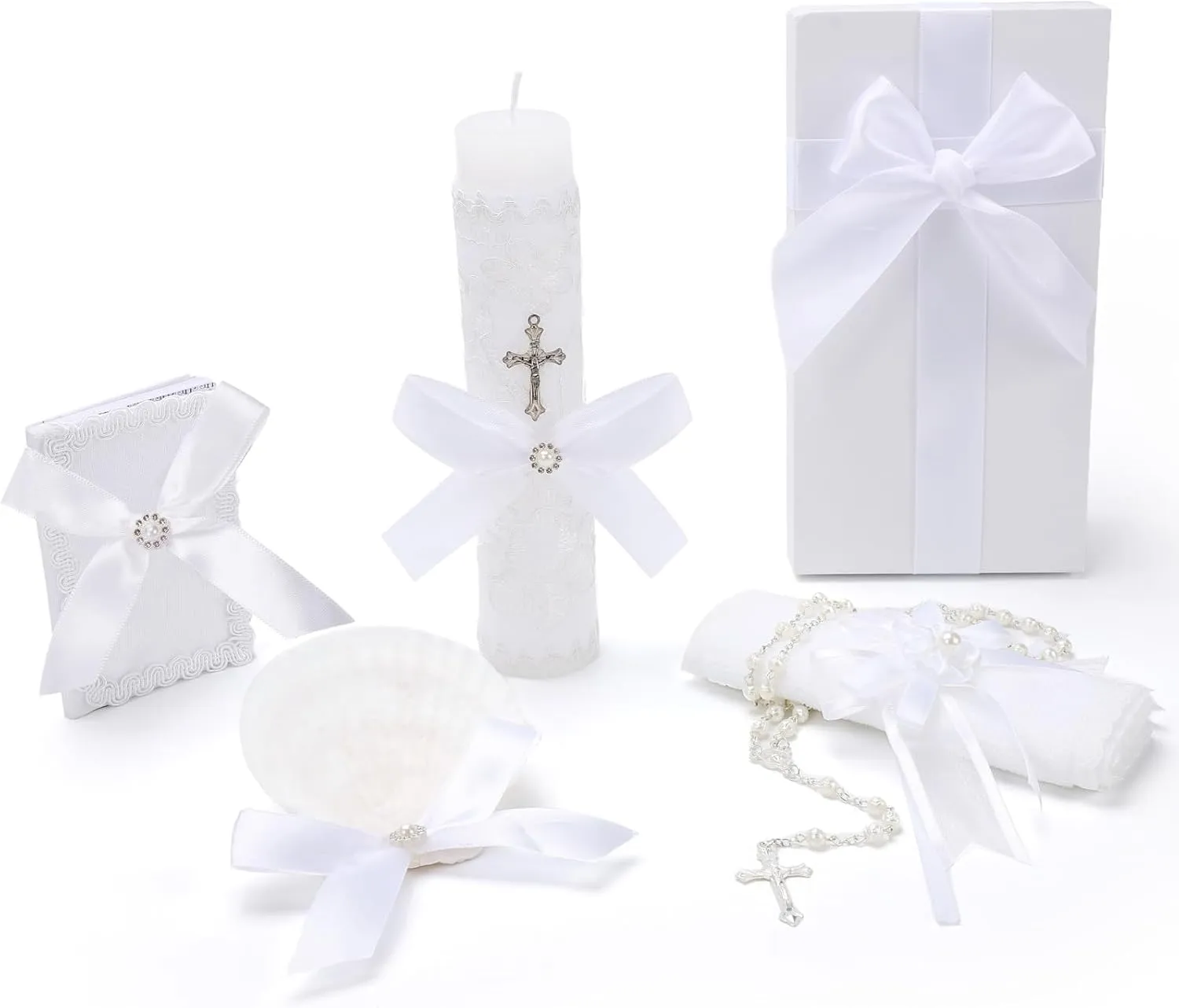 Baptism Candle Set for Boys and Girls,White 5 PCS Baptism Kit Catholic Candle,Baptismal Towel,Shell,Rosary,Bible for Baptismal Christening First Communion Gift,Velas para Bautizo De Niño o Niña