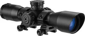 Barska Compact Rifle Scope with Red/Green Illuminated Mil-Dot Reticle – Side Rheostat, Sunshade, Flip-Up Caps, External Turrets, Waterproof/Fogproof