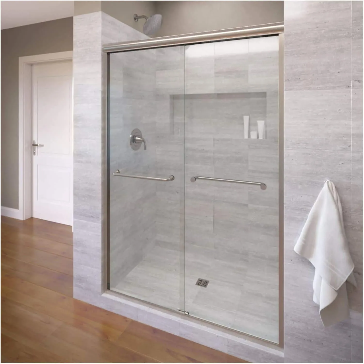 Basco Infinity Semi-Frameless Sliding Shower Door, Fits 54.5-58.5 inch Opening, Clear Glass, Brushed Nickel Finish