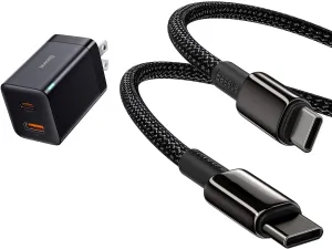 Baseus 100W PD 5A QC 4.0 Fast Charging USB C Cable and 30W Dual Port USB C PD Charger - Compact with Foldable Plug for iPad Pro/Air/Mini, iPhone