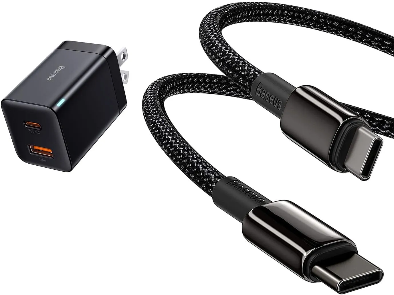 Baseus 100W PD 5A QC 4.0 Fast Charging USB C Cable and 30W Dual Port USB C PD Charger - Compact with Foldable Plug for iPad Pro/Air/Mini, iPhone