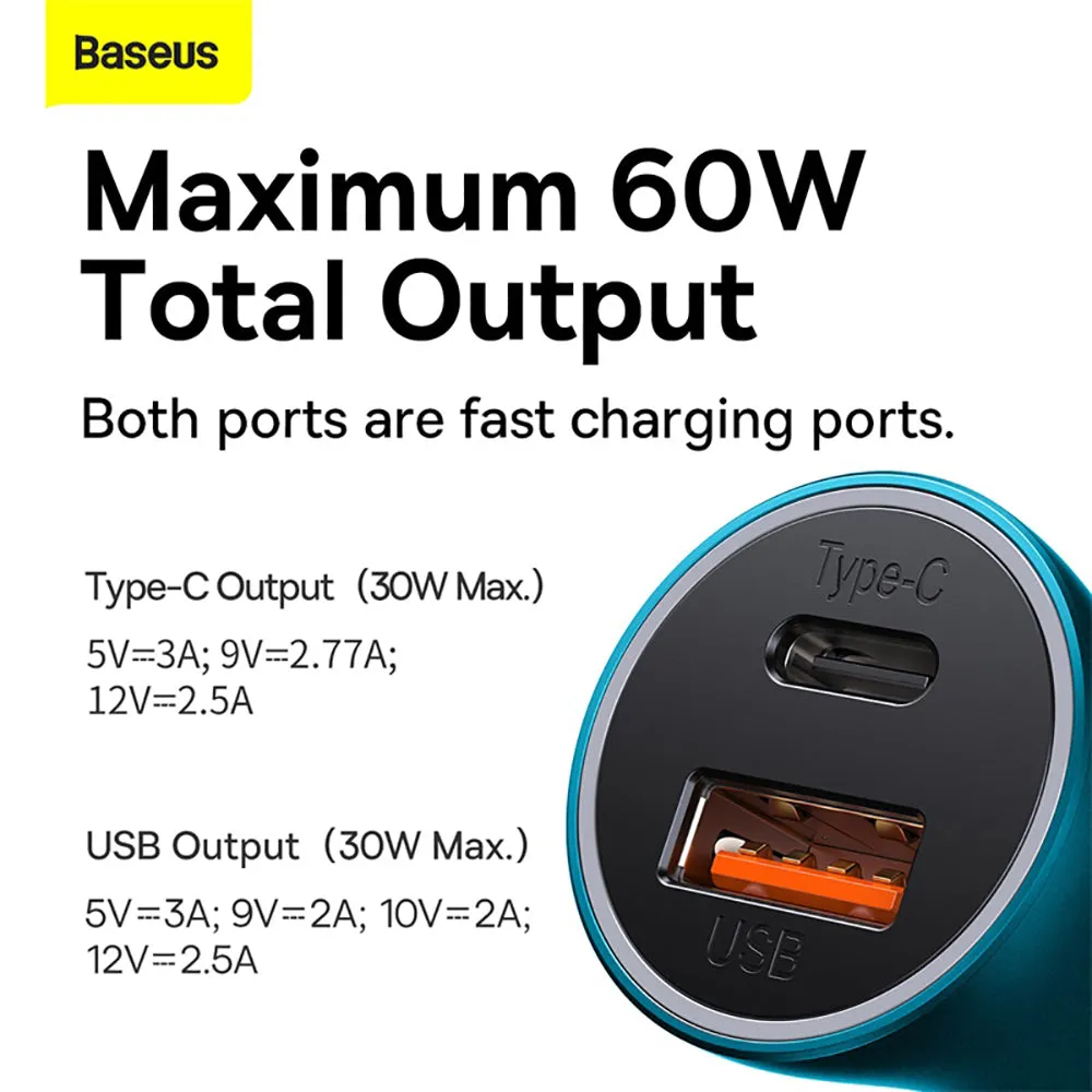 Baseus Golden Contactor Max Dual Fast Charger Car Charger U C 60W - Navy Blue
