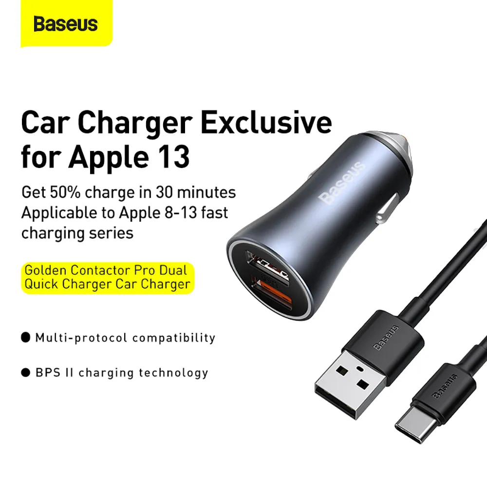 Baseus Golden Contactor Pro Dual Quick Charge Car Charger 40W Set - Dark Gray