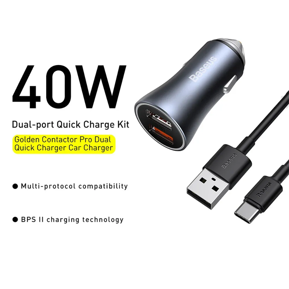 Baseus Golden Contactor Pro Dual Quick Charge Car Charger 40W Set - Dark Gray