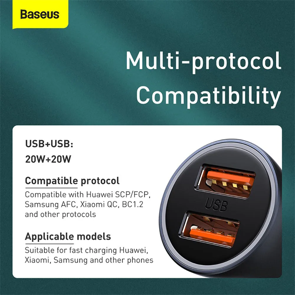 Baseus Golden Contactor Pro Dual Quick Charge Car Charger 40W Set - Dark Gray