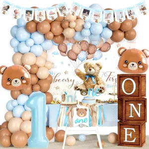 Beary First Birthday Decoration for Boys – Blue & Brown Balloon Garland, Photo Banner, Beary First Backdrop, Cute Bear Foil Balloons, Highchair Banner, 116 Pcs Teddy Bear 1st Birthday Decor