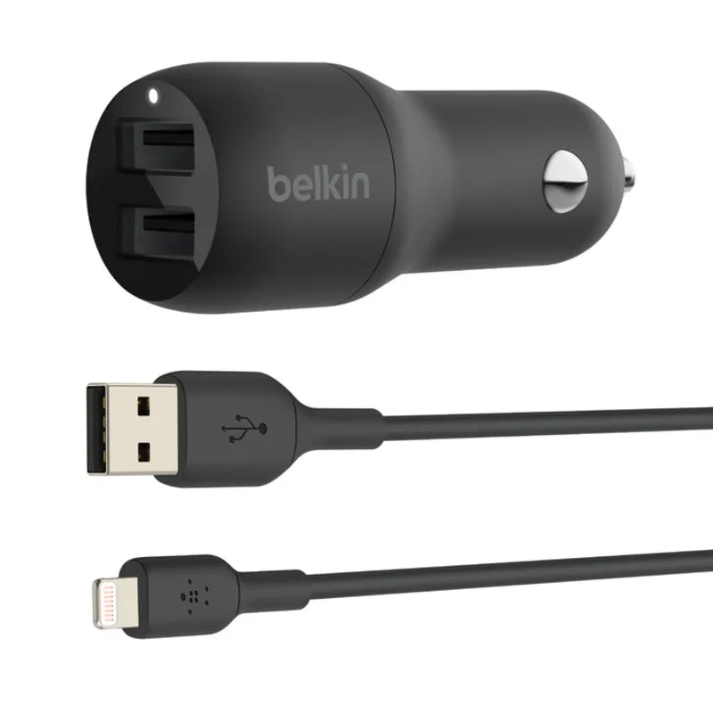 Belki BoostCharge Dual USB-A Car Charger 24W   USB-A to Lightning Cable - Black