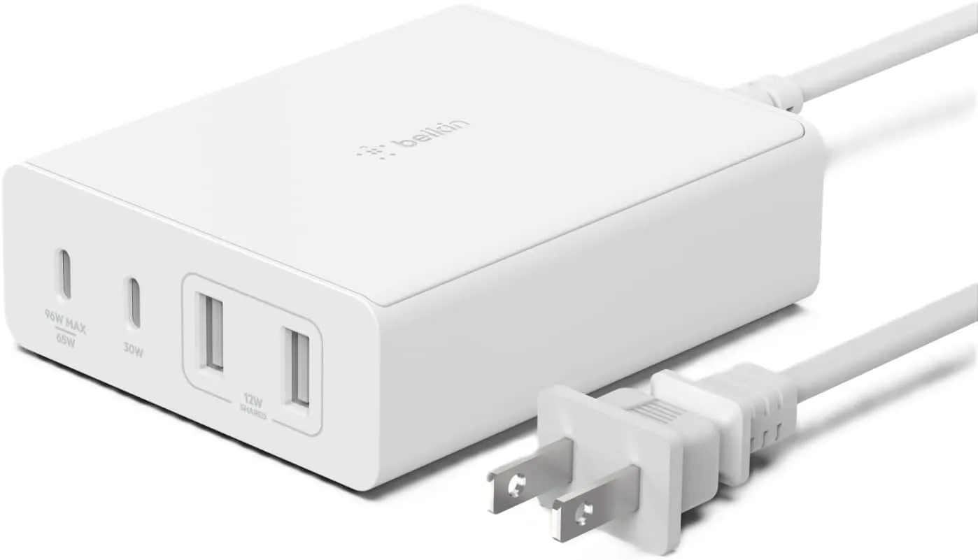 Belkin 108W 4-Port GaN Charger, Multi-Port Desktop Charger Block w/ USB-C PD Fast Charge & USB-A Ports for Apple MacBook, iPhone 16, Samsung Galaxy S25, Google Pixel, Nintendo Switch 2 & More - White