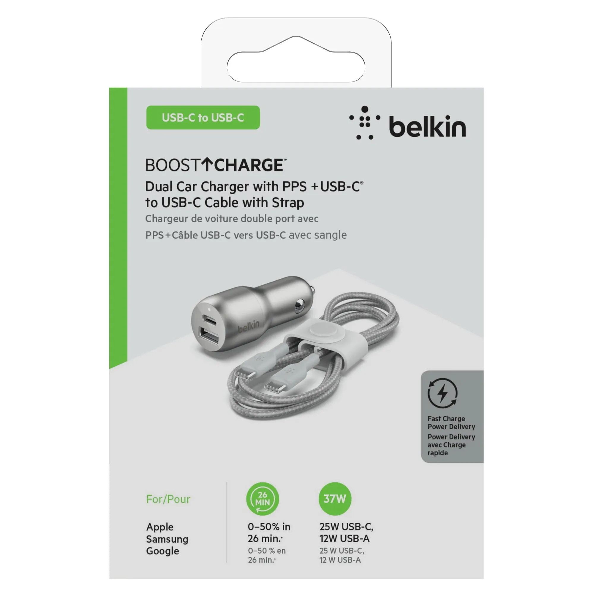 Belkin 37W Dual Port Fast Car Charger with 3.3ft USB-C Cable Included, USB-C 25W PPS Port and USB-A 12W Port for Galaxy S23, S23 , Ultra, Note20, iPhone 15, 14, 13, 12, 11, Pro, Max, Mini and More