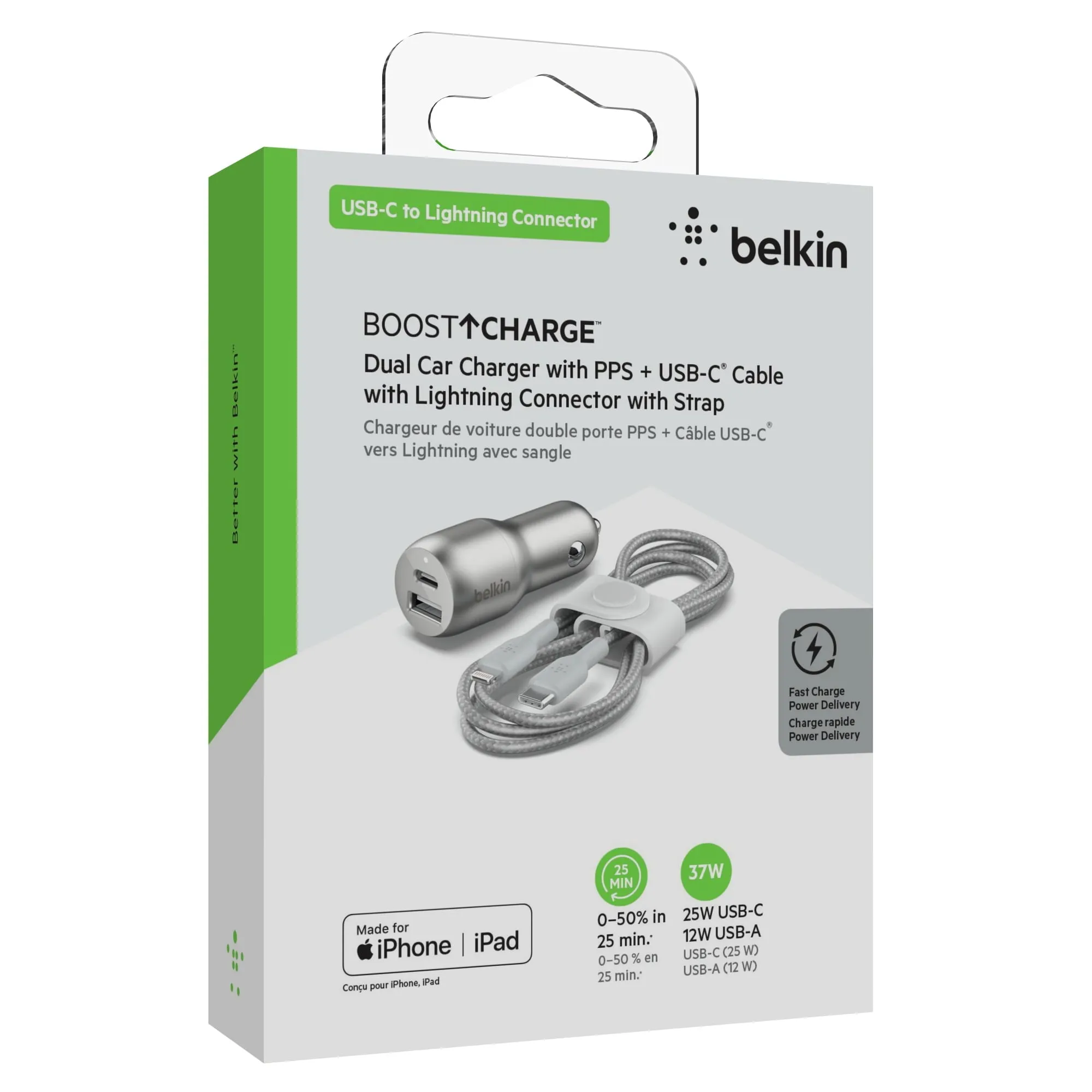 Belkin 37W Dual Port Fast Car Charger with 3.3ft USB-C Cable Included, USB-C 25W PPS Port and USB-A 12W Port for Galaxy S23, S23 , Ultra, Note20, iPhone 15, 14, 13, 12, 11, Pro, Max, Mini and More