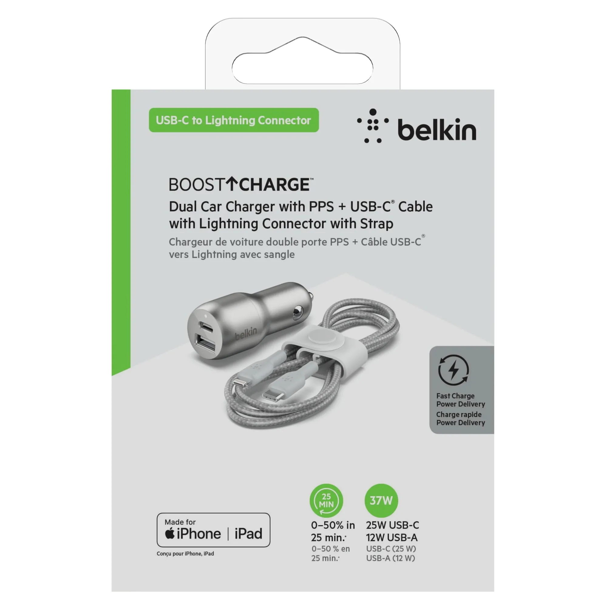Belkin 37W Dual Port Fast Car Charger with 3.3ft USB-C Cable Included, USB-C 25W PPS Port and USB-A 12W Port for Galaxy S23, S23 , Ultra, Note20, iPhone 15, 14, 13, 12, 11, Pro, Max, Mini and More