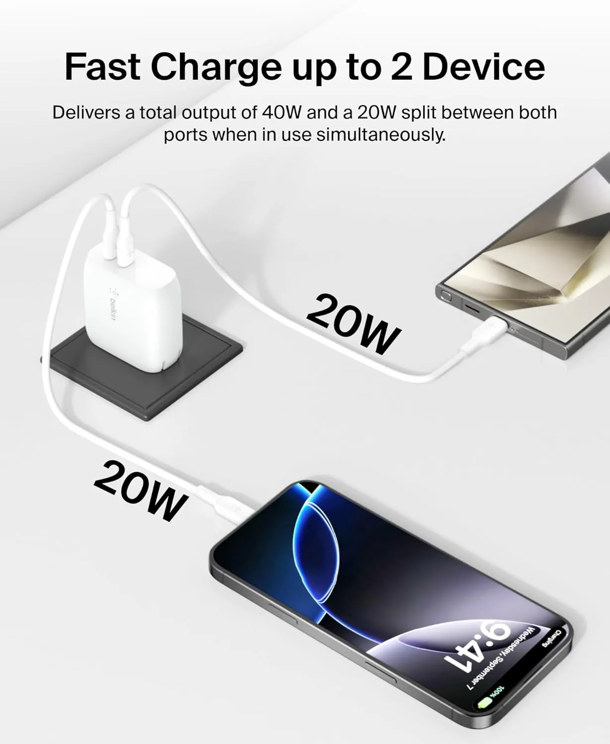 Belkin 40W Dual Port USB-C Wall Charger, USB-C Charger Fast Charging for iPhone 16, 15, 14, 13, Pro, Pro Max, Plus, Samsung Galaxy S25, Pixel , iPad, AirPods, Nintendo Switch 2 & More - White