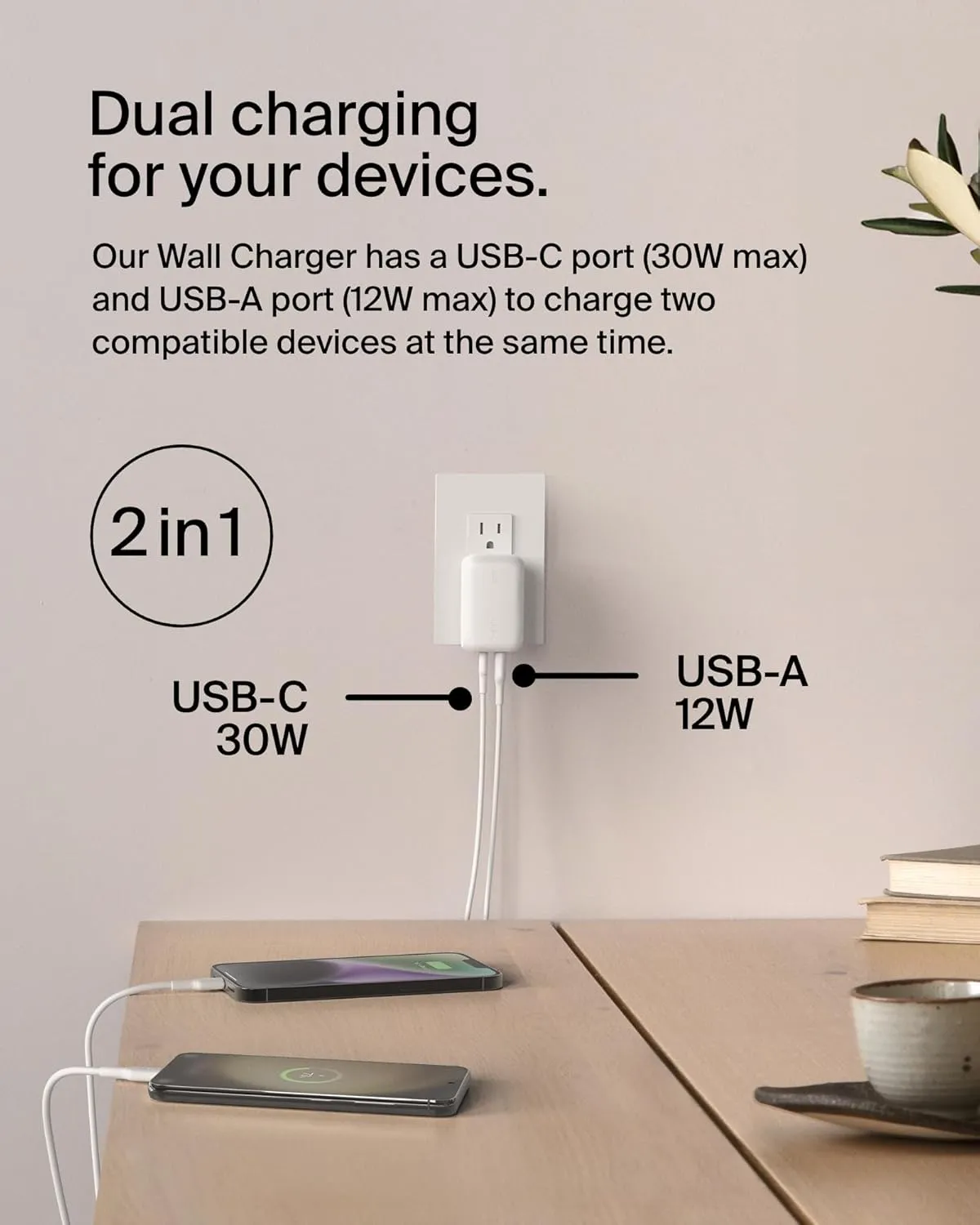 Belkin 42W Dual Port Wall Charger, USB-C   USB-A Charger - Fast Charging for iPhone 16, 15, 14, 13, Pro, Pro Max, Plus, iPad, MacBook, Galaxy S25 Ultra, Pixel, Nintendo Switch 2 & More - White