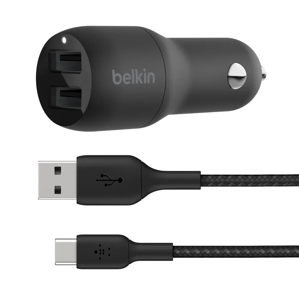 Belkin BOOSTCHARGE 24W Dual-Port USB-A Car Charger   USB C to USB-A Cable, 5ft