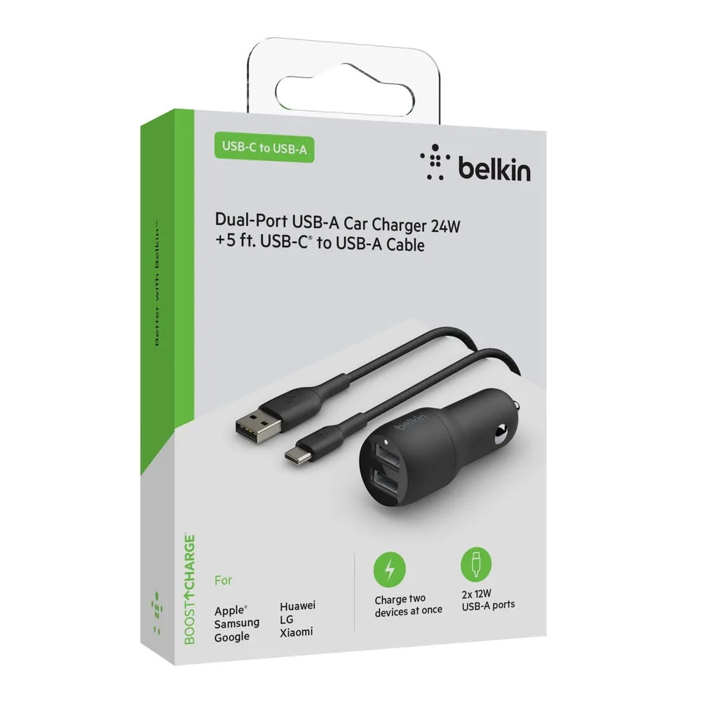 Belkin BOOSTCHARGE 24W Dual-Port USB-A Car Charger   USB C to USB-A Cable, 5ft