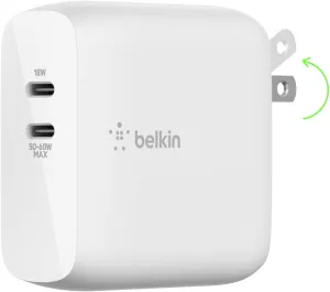 Belkin BoostCharge Dual Port USB-C 68W GaN Wall Charger - Fast Charging - Type C - USB-C PD Charge for Apple iPhone 16, Samsung Galaxy S25, AirPods, iPad, Macbook Pro, Nintendo Switch 2