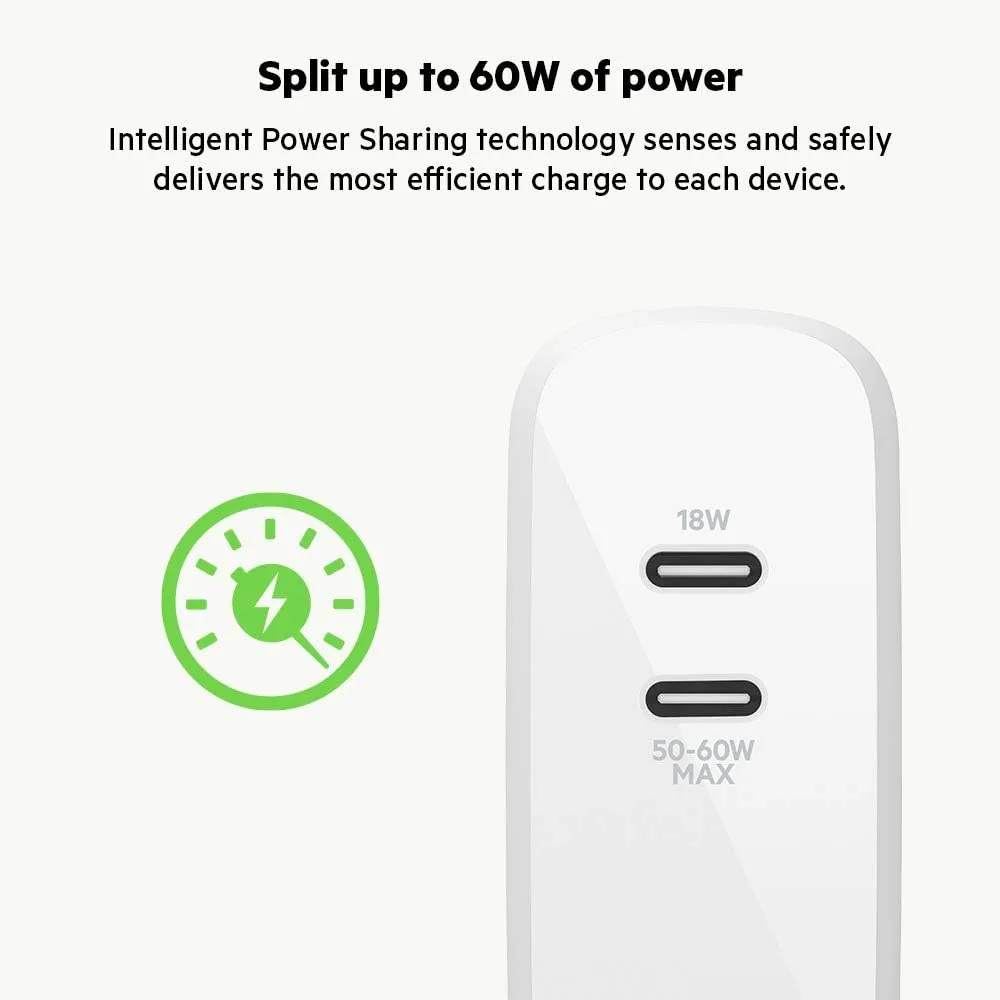 Belkin BoostCharge Dual Port USB-C 68W GaN Wall Charger - Fast Charging - Type C - USB-C PD Charge for Apple iPhone 16, Samsung Galaxy S25, AirPods, iPad, Macbook Pro, Nintendo Switch 2