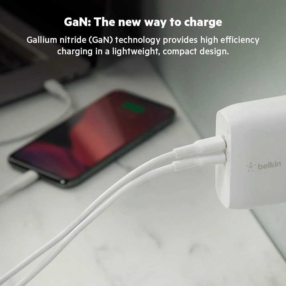 Belkin BoostCharge Dual Port USB-C 68W GaN Wall Charger - Fast Charging - Type C - USB-C PD Charge for Apple iPhone 16, Samsung Galaxy S25, AirPods, iPad, Macbook Pro, Nintendo Switch 2