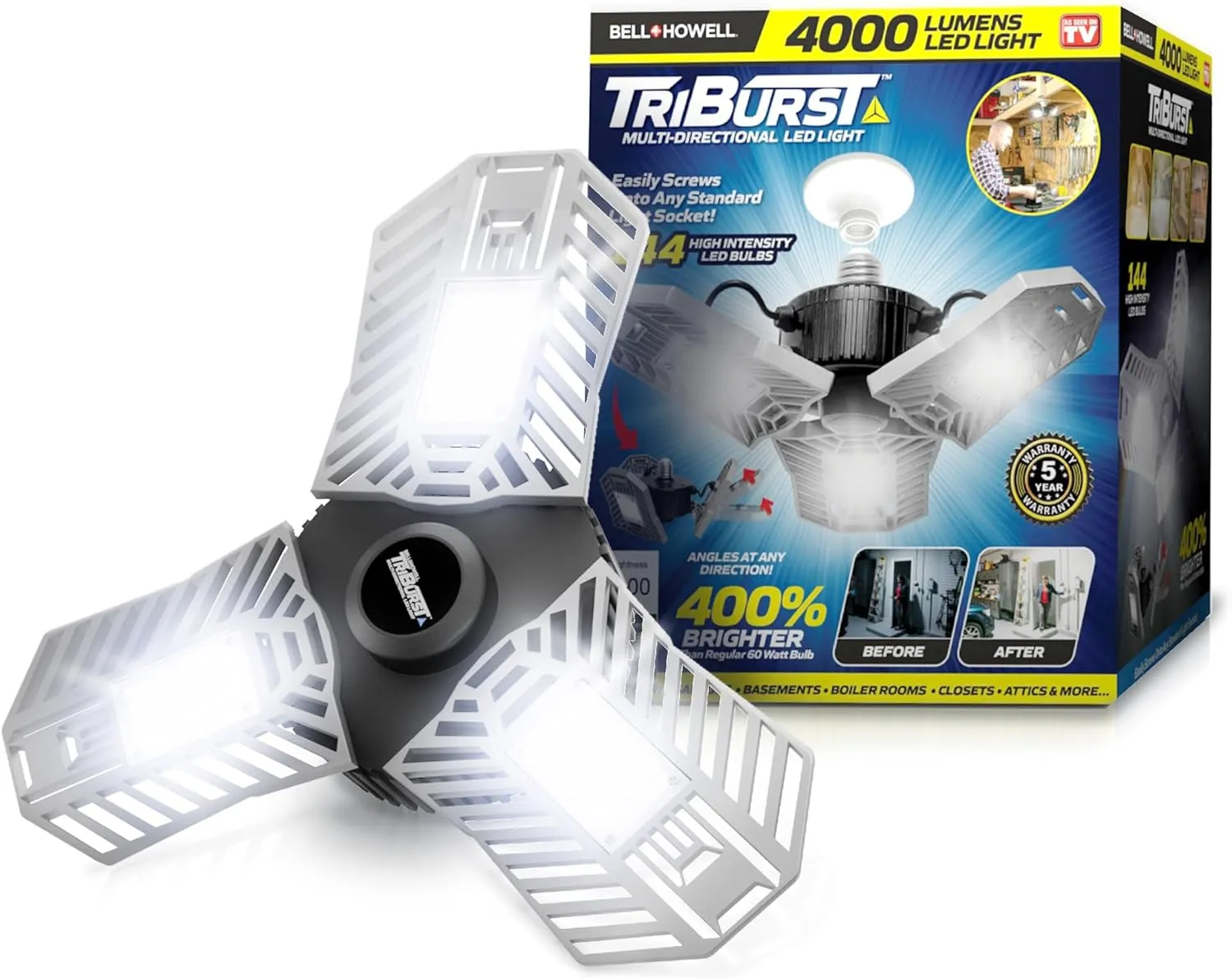 Bell Howell TRIBURST Aluminum LED Socket Ceiling Lights 60W 4000 LM 6500 K – LED Shop Lights with 3 Deformable Panels, Ultra Bright Ceiling Light for Indoor, Bedroom, Living Room, Garage E26 / E27