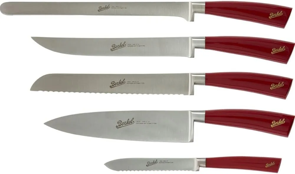 Berkel Elegance 5-Piece Chef Knife Set | Sleek & Versatile | Includes Precision Knives for Prosciutto, Bread, Roast, Chef’s, and Utility Tasks | Made in Italy (Red)