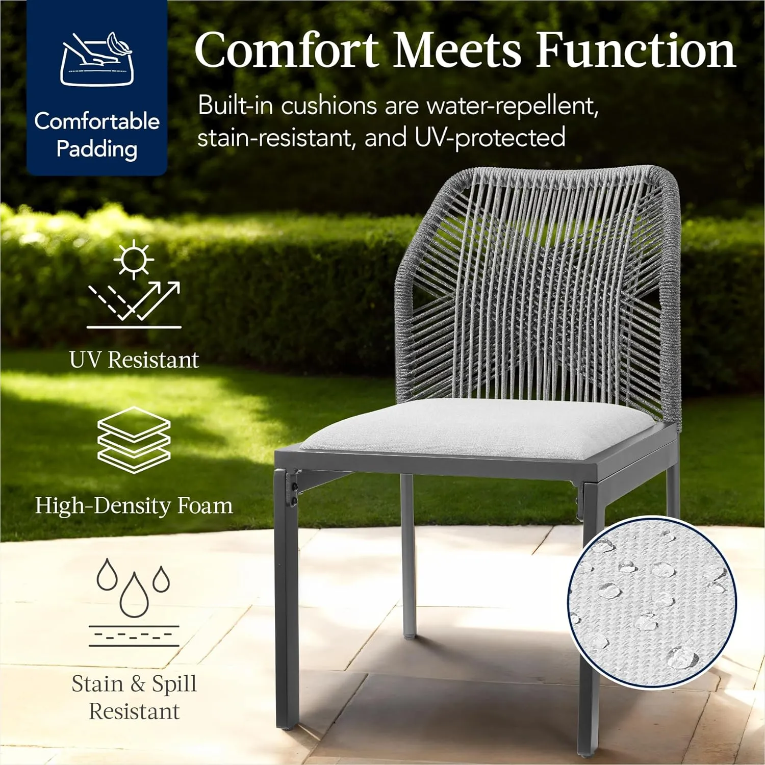 Best Choice Products Set of 2 Indoor/Outdoor Modern Dining Kitchen Chairs, All-Weather Rope Woven Design, Padded Cushions, Aluminum Frame for Dining Room, Living Room - Charcoal/Graphite